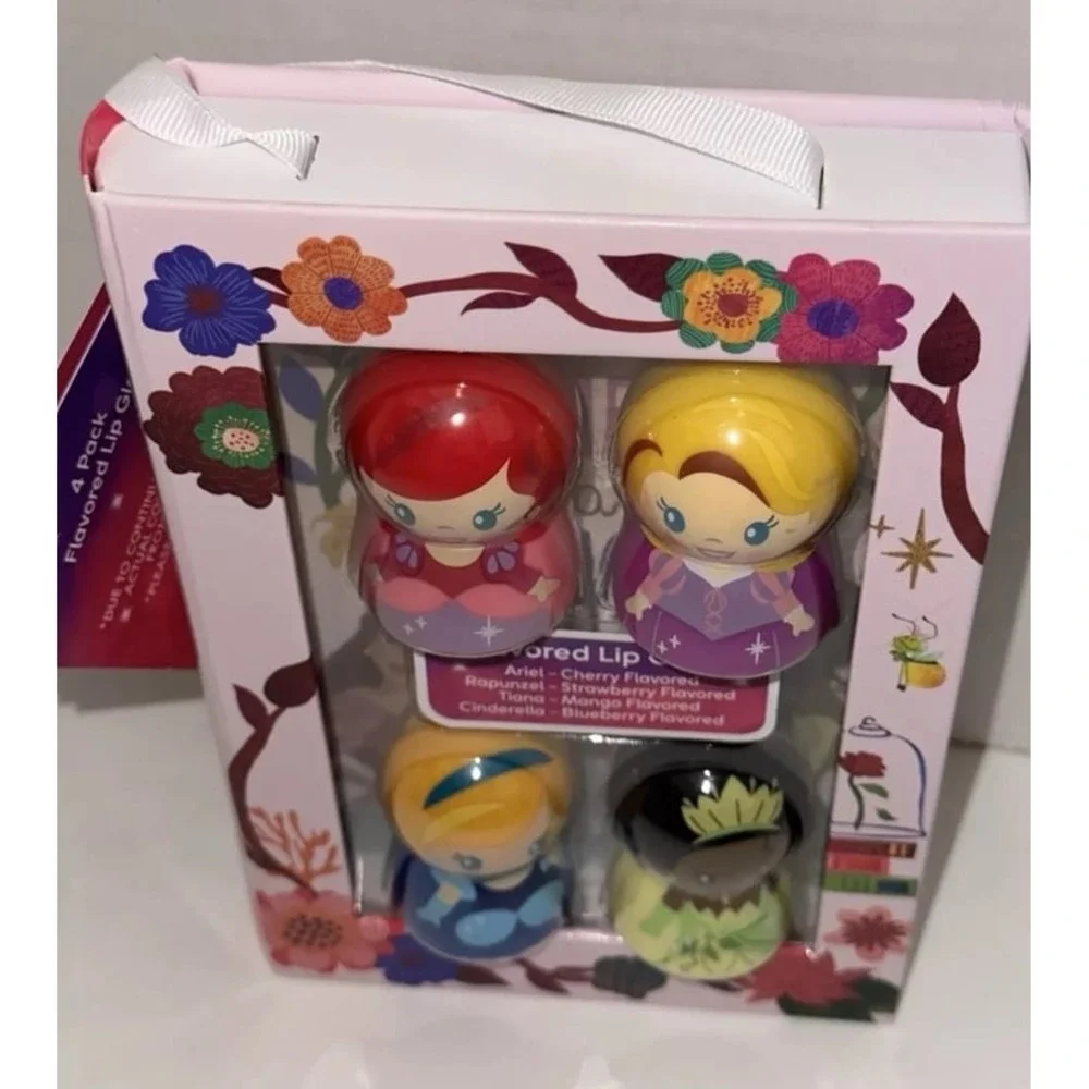 Disney Princess Flavored Lip Gloss Set 4 Pack Ariel Rapunzel Cinderella Tiana